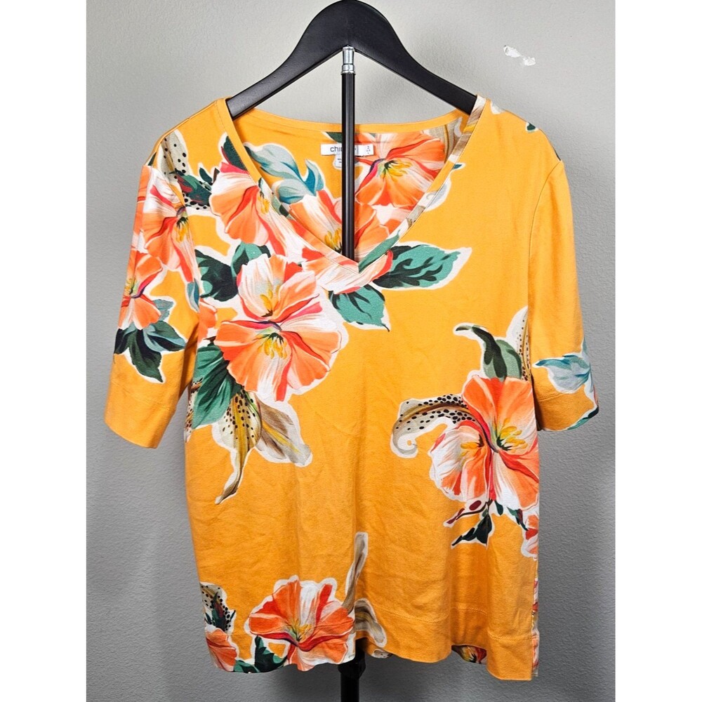 Chico's Size 2 Yellow Floral Pima Cotton Top Women's 3/4 Sleeve V Neck Tropical